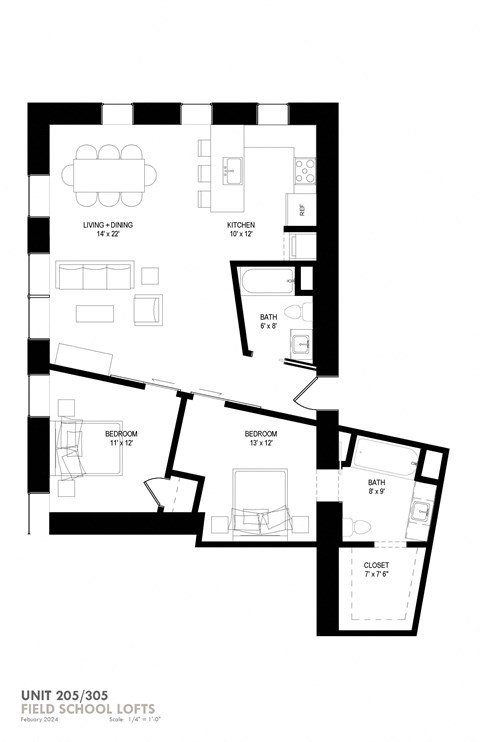 Floor plan for 2 beds, 2 baths, 1093 sqft